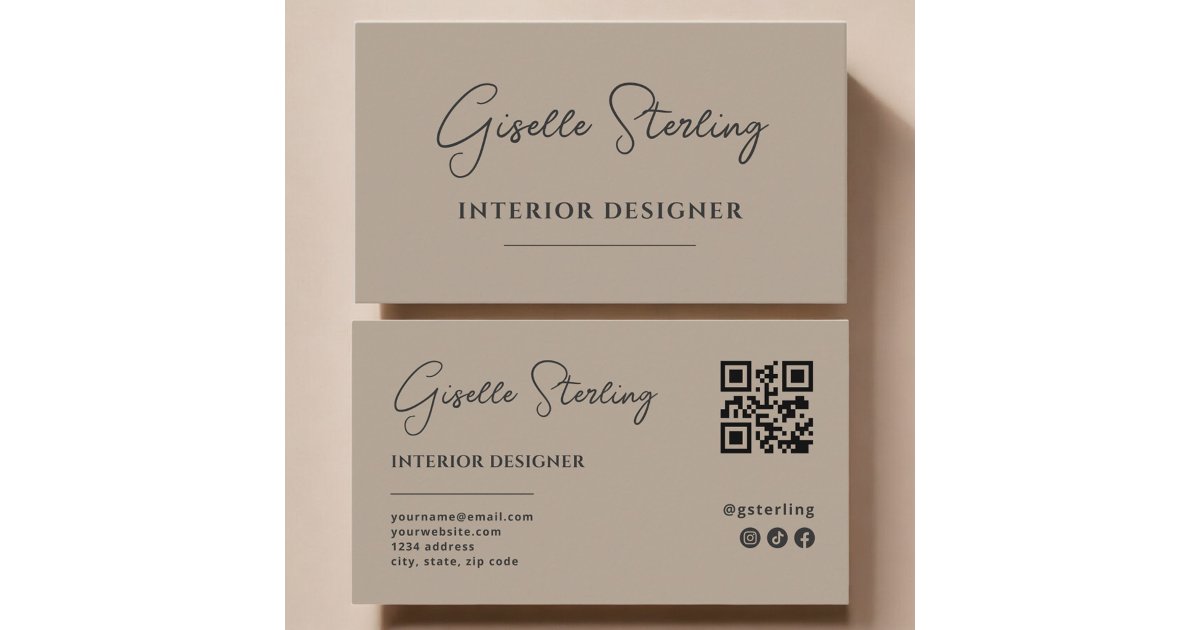 Interior Designer Neutral Taupe Script QR Code Business Card | Zazzle