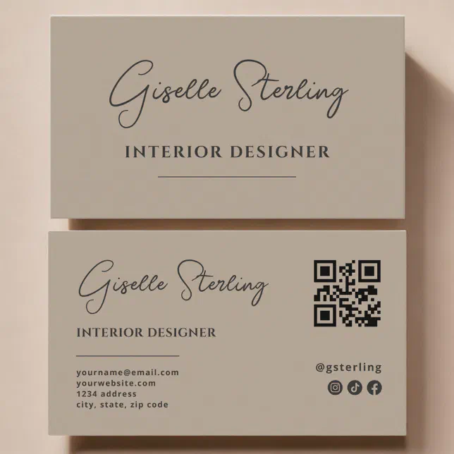 Interior Designer Neutral Taupe Script QR Code Business Card | Zazzle