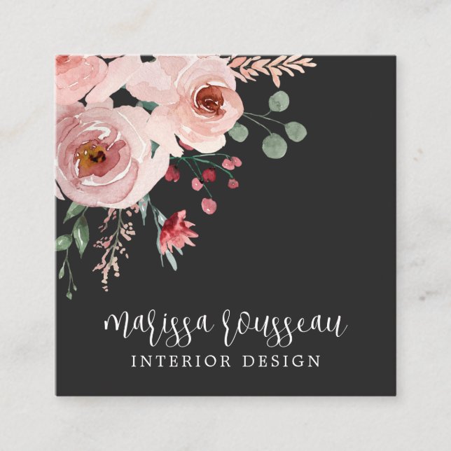 Interior Designer Pink Floral Boho Black Square Business Card (Front)