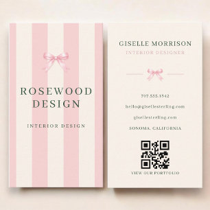 Interior Designer Pink Green Striped Bow QR Code Business Card
