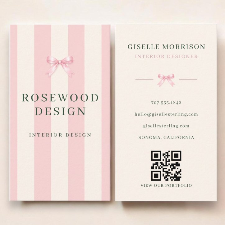 Interior Designer Pink Green Striped Bow QR Code Business Card