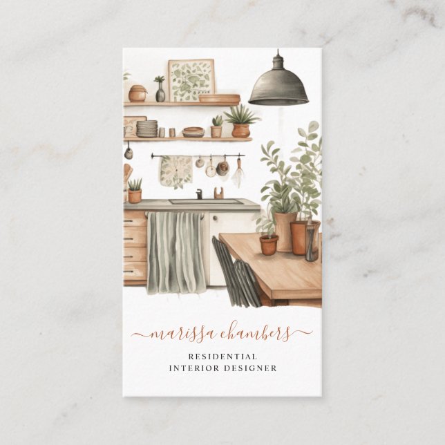 Interior Designer Rustic Watercolor Kitchen Scene Business Card (Front)