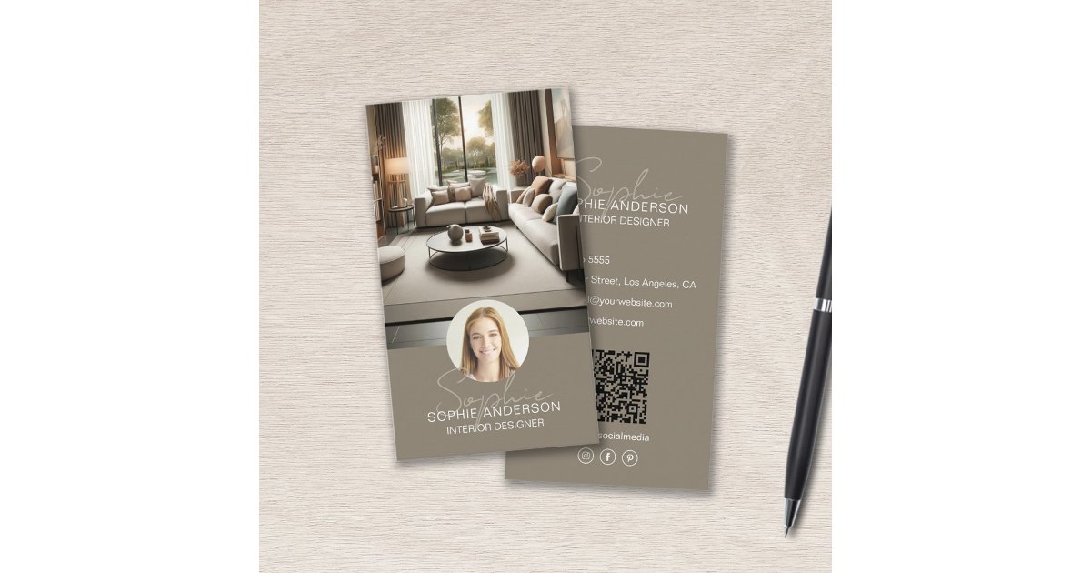 Interior Designer Script Name Photo QR Taupe Business Card | Zazzle