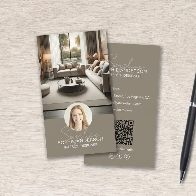 Interior Designer Script Name Photo QR Taupe Business Card | Zazzle