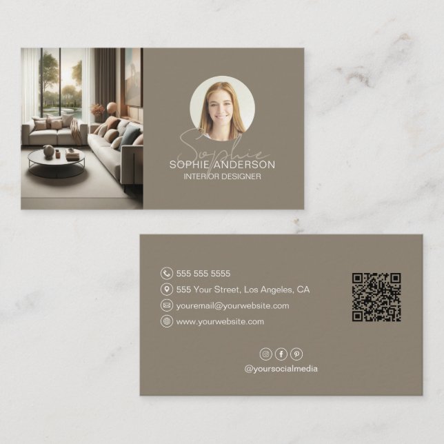Interior Designer Script Name Photo QR Taupe Business Card (Front/Back)