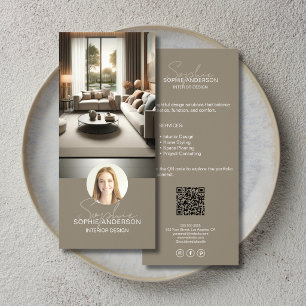 Interior Designer Script Name Photo QR Taupe Rack Card