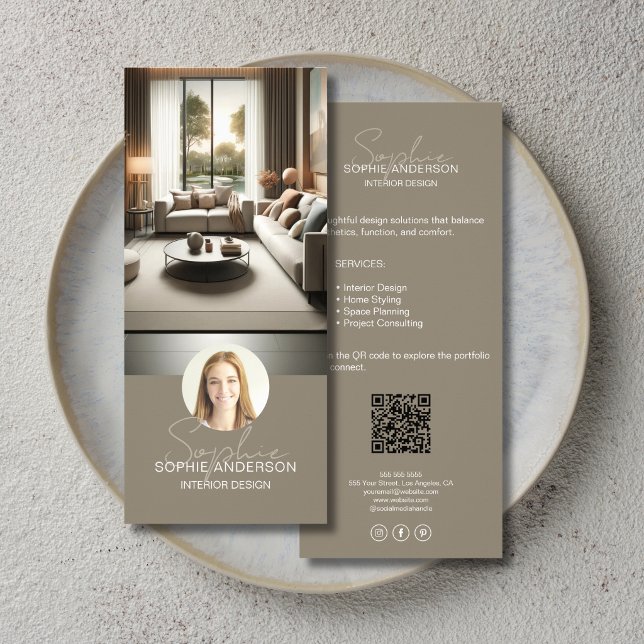 Interior Designer Script Name Photo QR Taupe Rack Card (Interior Designer Script Name Photo QR Taupe Rack Card)