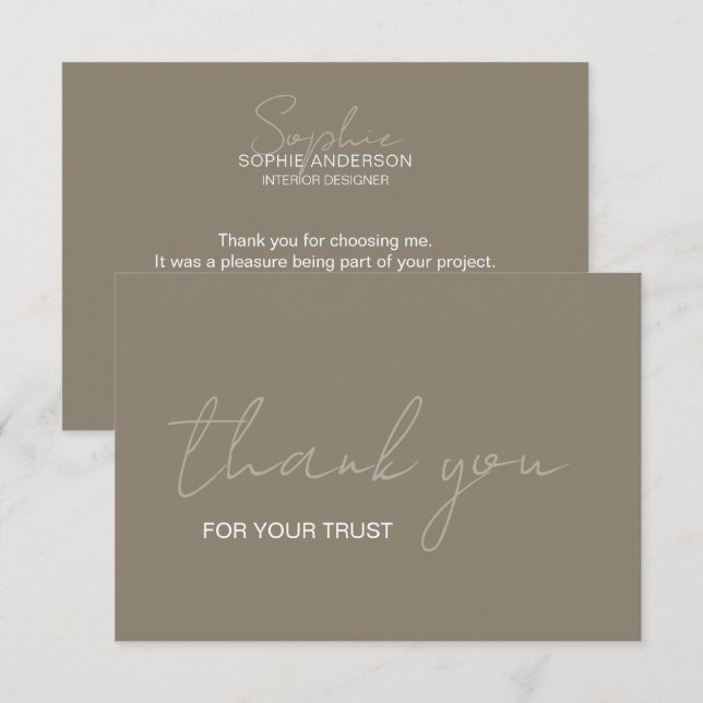 Interior Designer Script Name Taupe Thank You Card (Front/Back)