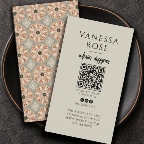 Interior Designer Terracotta Sage Floral QR Code  Business Card