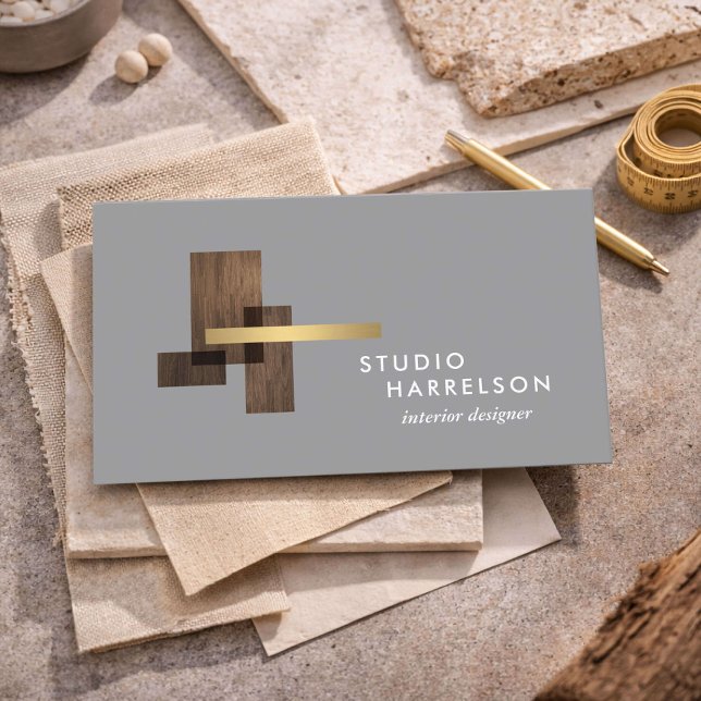 Interior Designer Wood Gold Logo Gray Business Card (Creator Uploaded)