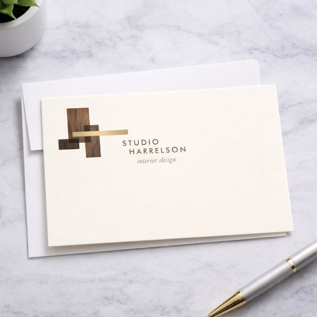 Interior Designer Wood Gold Logo Ivory Notecard (Creator Uploaded)