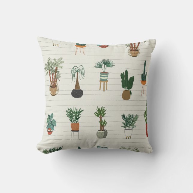interior home plants seamless hand drawn pattern throw pillow (Front)