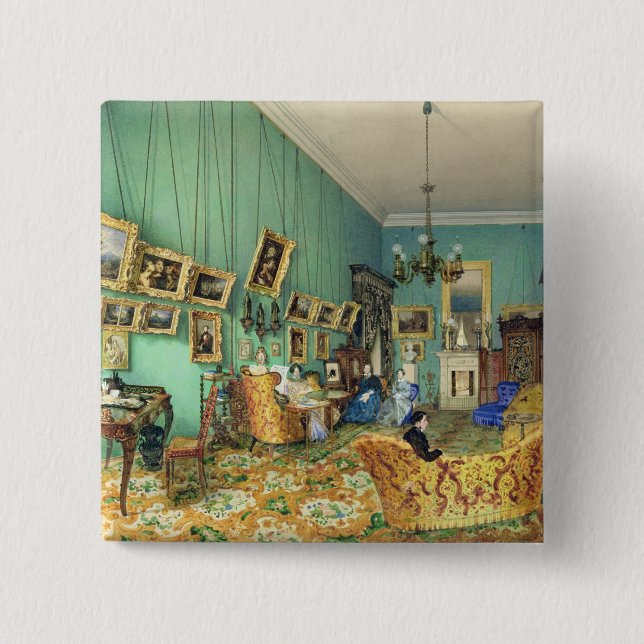 Interior of a living room, 1847 button (Front)