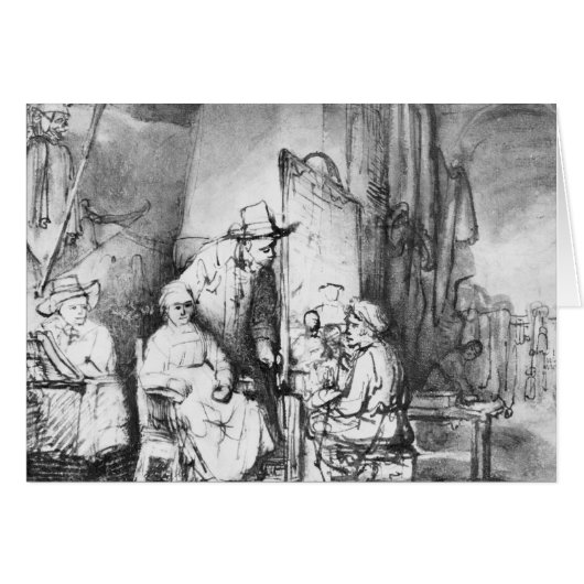 Interior of studio with painter painting cards (Front Horizontal)