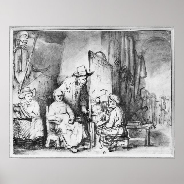 Interior of studio with painter painting poster (Front)