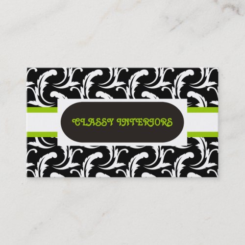 Interiors black, white, green damask business card