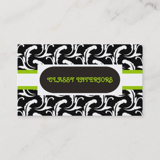 Customizable Interiors black, white, green damask business card