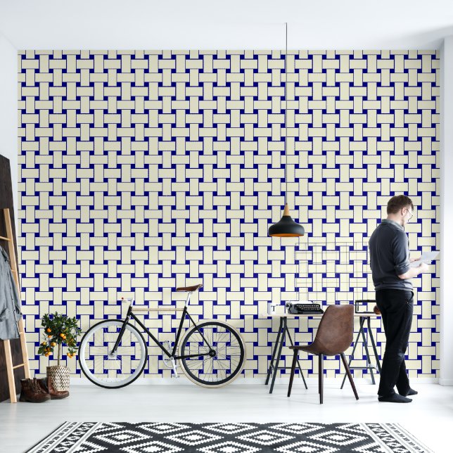 Interlace Pattern Navy blue + warm beige Wallpaper (Living Room)
