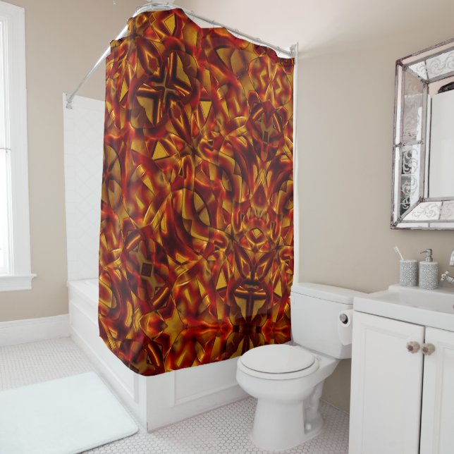 Interlacing of burnt orange tapes, sculpted effect shower curtain (In Situ)