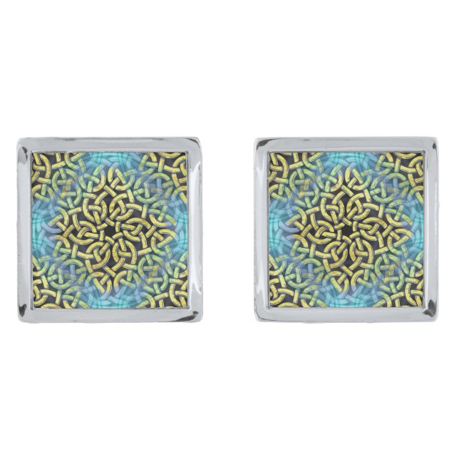 Interlacing Victorian Golden Trim Aqua Background Cufflinks (Front)
