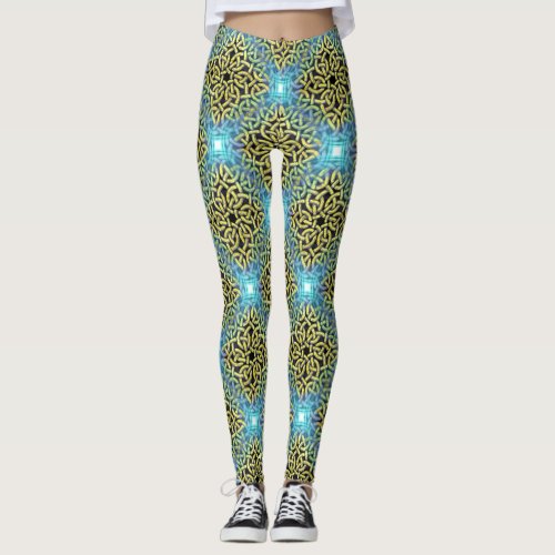 Interlacing Victorian Golden Trim Aqua Background Leggings