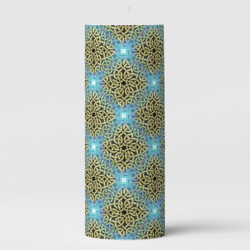 Interlacing Victorian Golden Trim Aqua Background Pillar Candle