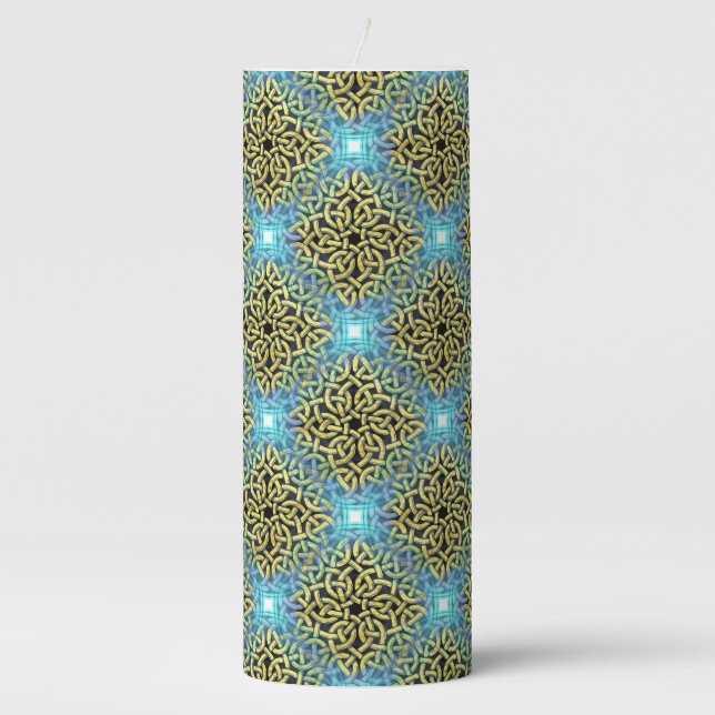 Interlacing Victorian Golden Trim Aqua Background Pillar Candle (Front)
