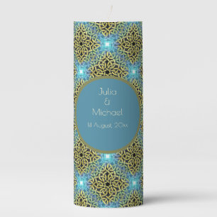 Interlacing Victorian Golden Trim Aqua Background Pillar Candle
