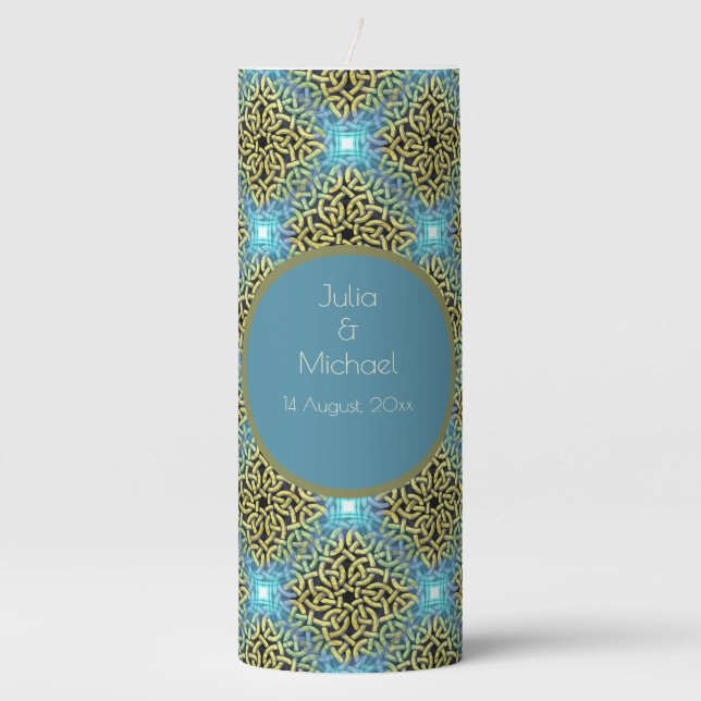Interlacing Victorian Golden Trim Aqua Background Pillar Candle (Front)