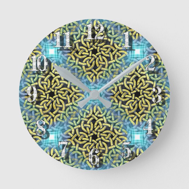 Interlacing Victorian Golden Trim Aqua Background Round Clock (Front)