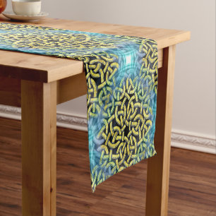 Interlacing Victorian Golden Trim Aqua Background Short Table Runner