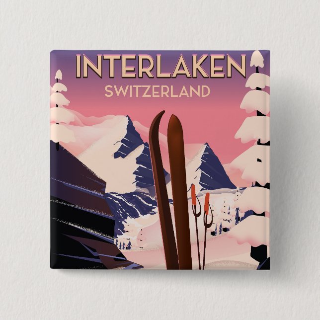 Interlaken Switzerland Ski travel poster. Button (Front)