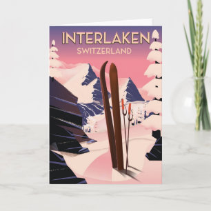 Interlaken Switzerland Ski travel poster. Holiday Card
