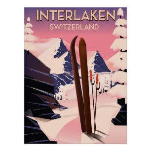 Interlaken Switzerland Ski travel poster. Poster