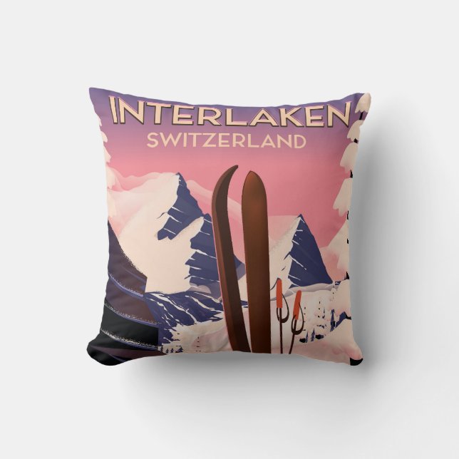 Interlaken Switzerland Ski travel poster. Throw Pillow (Front)