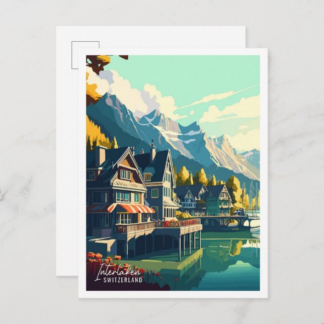 Interlaken Switzerland vintage travel illustration Postcard (Front/Back)