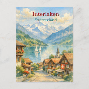 Interlaken Switzerland watercolor vintage travel  Postcard