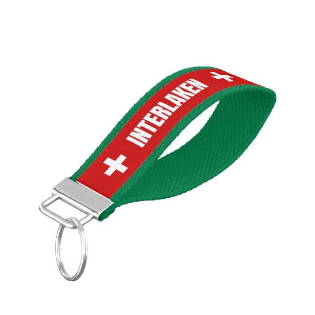 Interlaken with Swiss Cross Design Wrist Keychain (Angled Down)