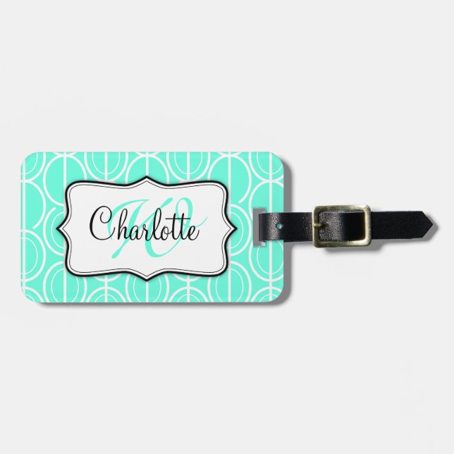 Interlinking oval pattern aqua name luggage tag (Front Horizontal)