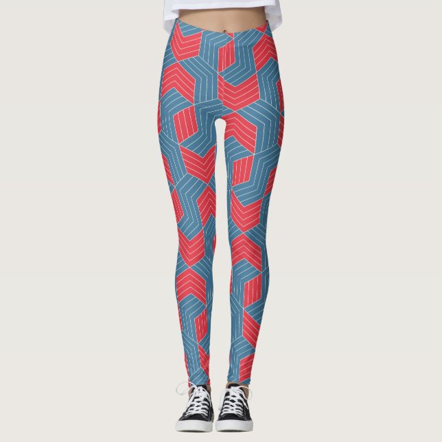 Interlocked hexagons Red Blue Minimal Pattern Leggings (Front)