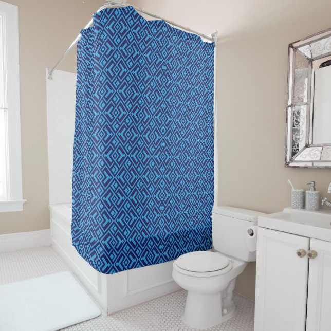 Interlocking Diamonds: Dark Blue Geometric Pattern Shower Curtain (In Situ)