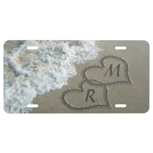 Interlocking Hearts on Beach Sand License Plate