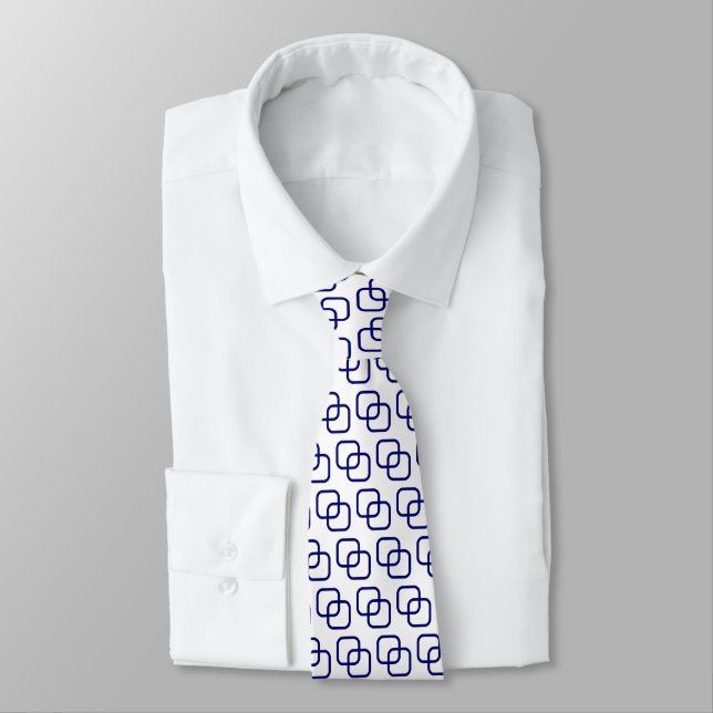 Interlocking Squares - Deep Navy Blue on White Neck Tie (Tied)