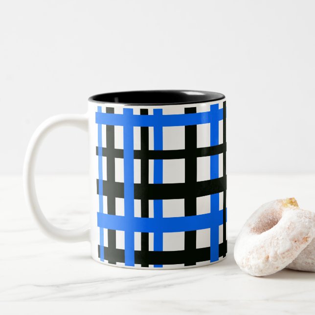 Interlocking Stripes Black White Blue Two-Tone Coffee Mug (With Donut)