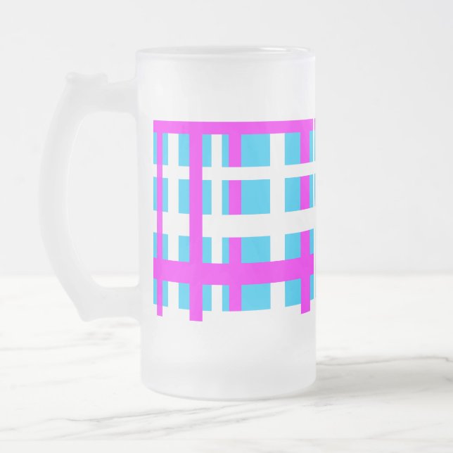 Interlocking Stripes White Pink Light Blue Frosted Glass Beer Mug (Left)