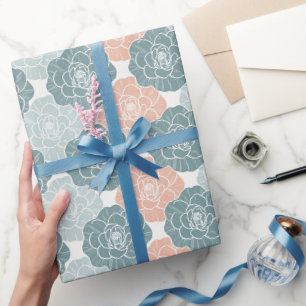 Interlocking Teal and Coral Camellias Wrapping Paper
