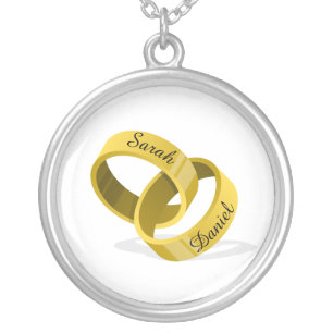 Interlocking Wedding Rings - Engraved custom Names Silver Plated Necklace