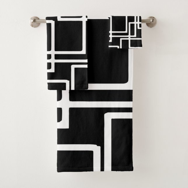 Interlocking White Squares Artistic Design Bath Towel Set (Insitu)