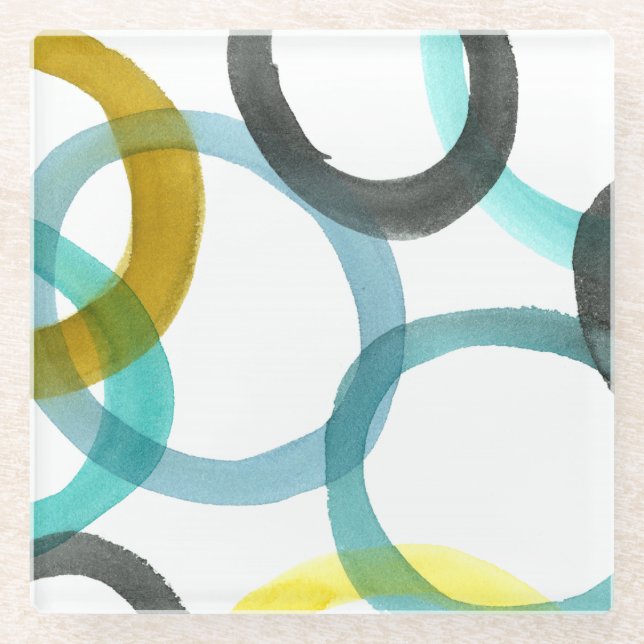 Interlocking Yellow & Blue Circles Glass Coaster (Front)