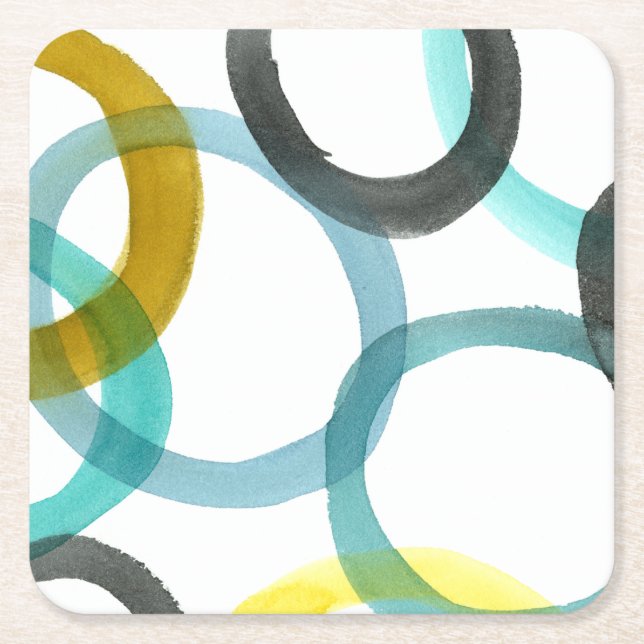 Interlocking Yellow & Blue Circles Square Paper Coaster (Front)